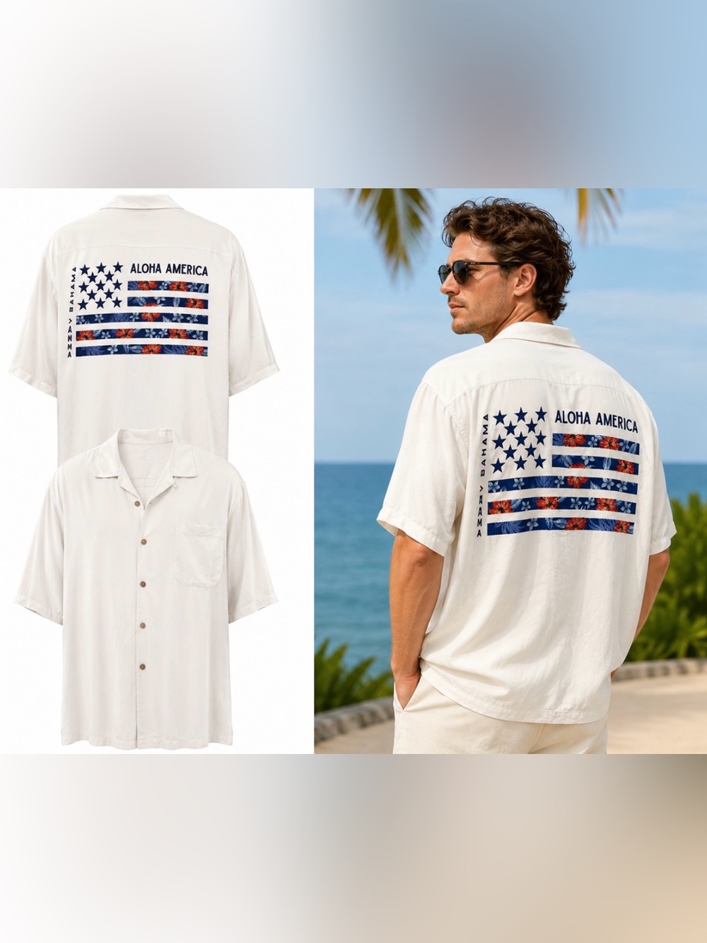 Tommy Bahama Silk Short-Sleeve Camp Shirt Navy & Red Flag Embroidered USA 4XL